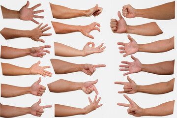 Set of pictures of several male hands showing different, yellow skinned, isolated poses over white background.