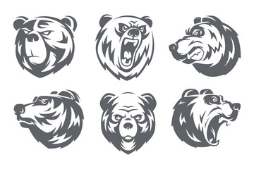 Canvas Print - Grizzly bears. Black stylized wild animals pictures for sport and adventure badges exact vector templates set