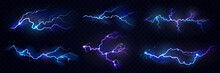 Realistic thunderstorm electric lightning effect with glowing and shining. Vector illustration, isolated thunderbolt flare on black background. Neon burst or dazzle at sky, weather condition