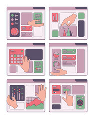 Sticker - Hands moving interface. Ui frames and buttons customizing design interfaces work frames for programs build processes application protorype garish vector web page template