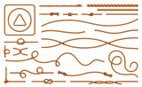 Threads and ropes, cords and knots made of fiber material. Vector realistic cartoon, growth textile wavy lines, curved shape of cable. Nautical loops for navy, tie and braided elements