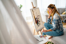 Art, Creativity, Hobby, Job And Creative Occupation Concept. Woman Painting At Home.