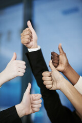 Poster - Great job. Shot of a group of hands showing thumbs up.