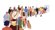 Big Queue. Many, Multitude People Waiting In Long Line, Back View. Crowd Of Tourists, Refugees, Men, Women, Children Queuing. Migration Concept. Flat Vector Illustration Isolated On White Background