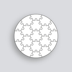 Puzzle pieces. Jigsaw grid. Thinking mosaic game with hexagonal details stylized in circle shape. Modern background with separate shapes. Simple frame tiles. Cutting template. Vector illustration.