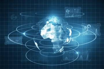 Creative glowing digital business screen interface background with globe and charts. Spy, hud and world concept. 3D Rendering.