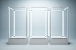 © Who is Danny - Empty illuminated glass showcase with mock up place on white wall backdrop. 3D Rendering.