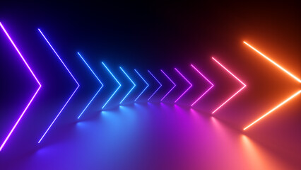 Wall Mural - 3d render, abstract geometric background with colorful arrows glowing with neon light