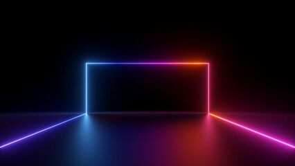 Wall Mural - 3d render, abstract curvy line glowing with colorful neon light over black background, frame with copy space