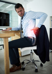 Aufkleber - Work demands are taking a toll on his health. Shot of a young businessman experiencing back pain highlighted in glowing red at work.