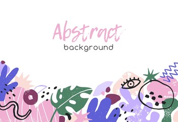 Fototapete - Abstract background with geometry shapes border. Modern creative banner with trendy doodle elements, leaf, eye, line, blobs decor. Contemporary card design. Flat vector illustration isolated on white