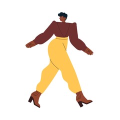 Canvas Print - Modern black woman walking in fashion outfit, wearing elegant blouse and trousers pants. Stylish female going in fashionable clothes. Flat graphic vector illustration isolated on white background