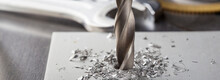 Metal Drill Bit Make Holes In Aluminium Plate On Industrial Drilling Machine. Metal Work Industry.