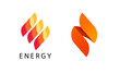 Energy flame logo vector or gas ignite abstract logotype orange red yellow color 3d design isolated, concept of fire power torch sign leaf style brand or curve hot elegant template modern