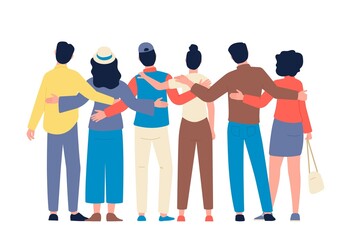 Wall Mural - Friends hugging. Love bonds, backside view people hug together. Celebrating or greetings group, empathy friendship and support, recent vector concept