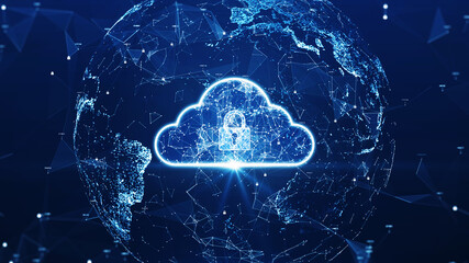 Wall Mural - cloud computing technology database security concept Backup transfer. There is a large cloud icon prominently in the center of the abstract world and polygon with a dark blue background.