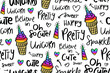 Hand drawn doodle unicorn and words set. Cute seamless pattern repeating texture background design for fashion graphics and prints.