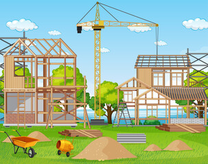 Cartoon scene of building construction site