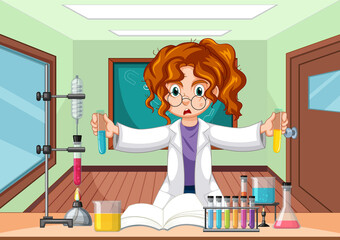 Wall Mural - classroom scene with scientist doing experiment