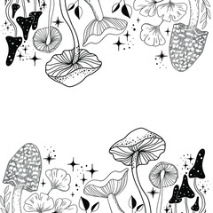 Celestial Mystical boho mushrooms, magic mushroom with moon and stars, witchcraft symbol, witchy esoteric objects, floral mystical elements fungi, fungus. Witchy tattoos. Esoteric clipart