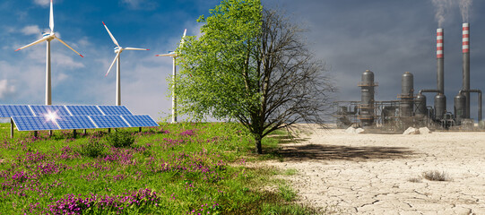 climate change concept. tree in two parts with green energy in healthy nature and industrial polluti