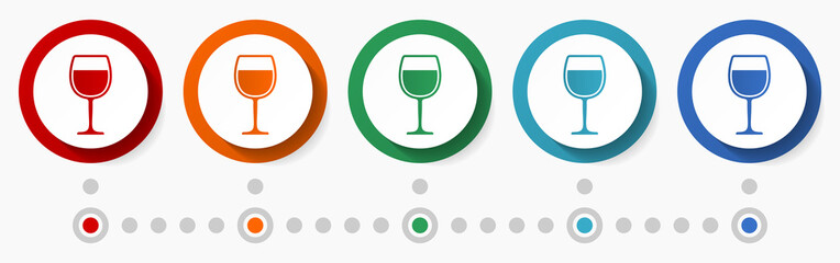 Aufkleber - Alcohol glass concept vector icon set, infographic template, flat design colorful web buttons in 5 color options