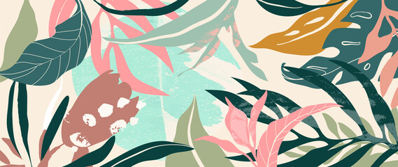 Abstract foliage and botanical background. Colorful tropical wallpaper of palm, monstera leaves, branch and jungle. Exotic plants in summer on pink background for banner, prints, decor, wall art.