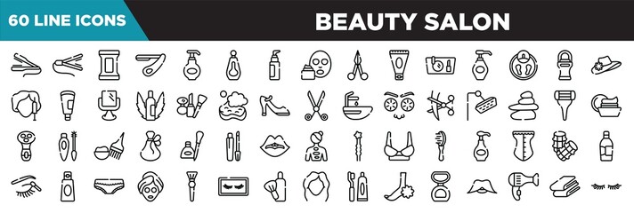 Wall Mural - beauty salon line icons set. linear icons collection. flat iron, hair straightner, makeup remover wipes, straight razor vector illustration