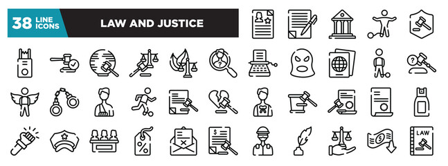 set of law and justice icons in thin line style. outline web icons collection. criminal record, wills and trusts, court, guilty, defense vector illustration