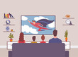 © the8monkey - Family watching tv in living room. Back view of couple and child sitting on couch. Vector illustration for television, broadcasting, entertainment concepts. Spending time on quarantine