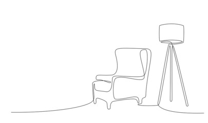 Wall Mural - Continuous One line interior with armchair, plant and floor lamp. Single line drawing of Living room with modern furniture editable stroke. Handdraw contour. Doodle vector