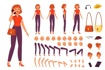 Cartoon female character kit. Young woman with individual body parts constructor kit, different angles view. Girls clothes, gadgets and accessories, various emotions, vector isolated set