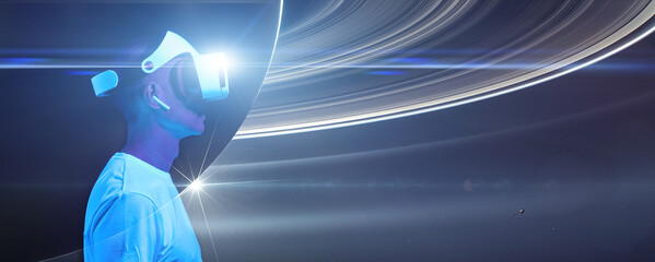 Wall Mural - man is using virtual reality headset. elements of this image furnished by nasa.