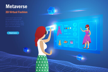 Wall Mural - Metaverse virtual try on cloth. Woman use metaverse technology try on dress with mirror reflection on virtual device screen. 3D textiles fashion and intelligent graphic design in futuristic technology