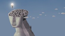 Concept Idea Of Brain Maze Inspiration Success Thinking And Creativity. Surreal Art. Conceptual 3d Illustration. Light Bulb In Labyrinth.