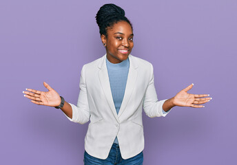 Sticker - Young african american woman wearing business clothes smiling showing both hands open palms, presenting and advertising comparison and balance