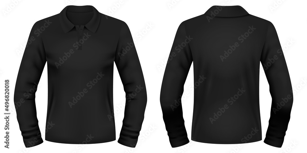 Blank black polo long sleeve shirt template. Front and back views ...