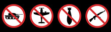 Red Stop Sign Military Weapon Glyph Pictogram Collection. No War Symbol Silhouette Icon Set. No Army Only Peace Symbol. Warning Tank, War Plane, Nuclear Bomb, AK 47 Icon. Isolated Vector Illustration
