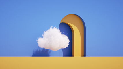 Wall Mural - 3d render, minimal geometric background with white cloud, yellow arch and shadows on the blue wall. Abstract metaphor