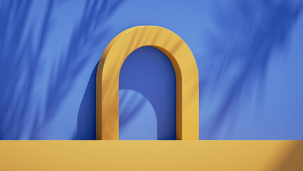 Wall Mural - 3d render, abstract minimal blue background with yellow arch and shadows on the wall. Minimal showcase scene for product presentation
