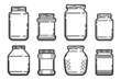 set glass jars contour drawing isolated white background