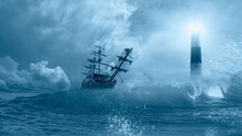 Old Sailing Ship At The Stormy Sea With Lighthouse On The Background And Foreground Power Sea Wave 