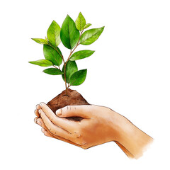 Watercolor Environment Day. Hands holding small tree for planting. Earth Day. Concept green world earth day. Forest conservation concept. Hand painted watercolor. Hand holding young plant