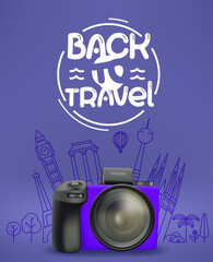 Aufkleber - Modern digital photo camera with different travel elements vector illustration. Back to travel concept