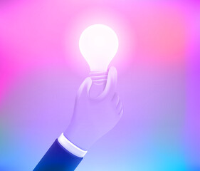 Fototapete - Human hand with brighting lightbulb. 3d vector illustration with holographic effect