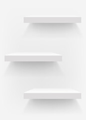 Wall Mural - Three white shelfs on white wall. Vertical vector illustration