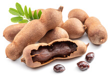 Ripe Tamarind Fruit, Leaves And Some Tamarind Seeds Isolated On White Background.