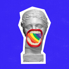 Contemporary Art Collage. Antique Statue Bust With Open Human Mouth And Rainbow Colors Isolated Over Blue Background. LGBTQIA Support
