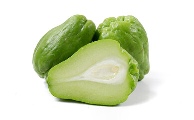 Closeup of fresh green chayote fruits isolated on a white background