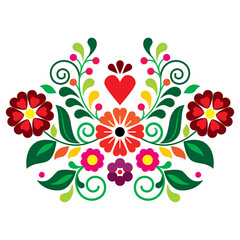 Poster - Folk art vector design with flowers, leaves and heart, Mexican traditional embroidcery style perfect for greeting card or wedding invitation pattern 
 
